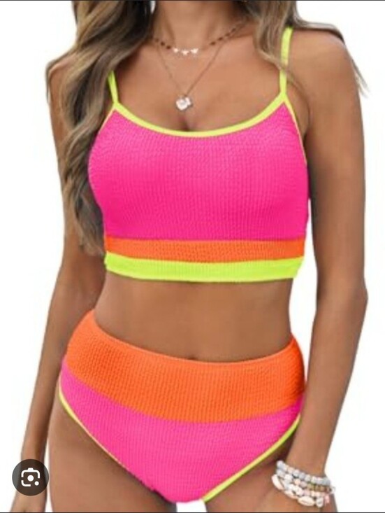 Popvil Other - Neon Colorblock High-Waist Bikini Set - Pink & Orange